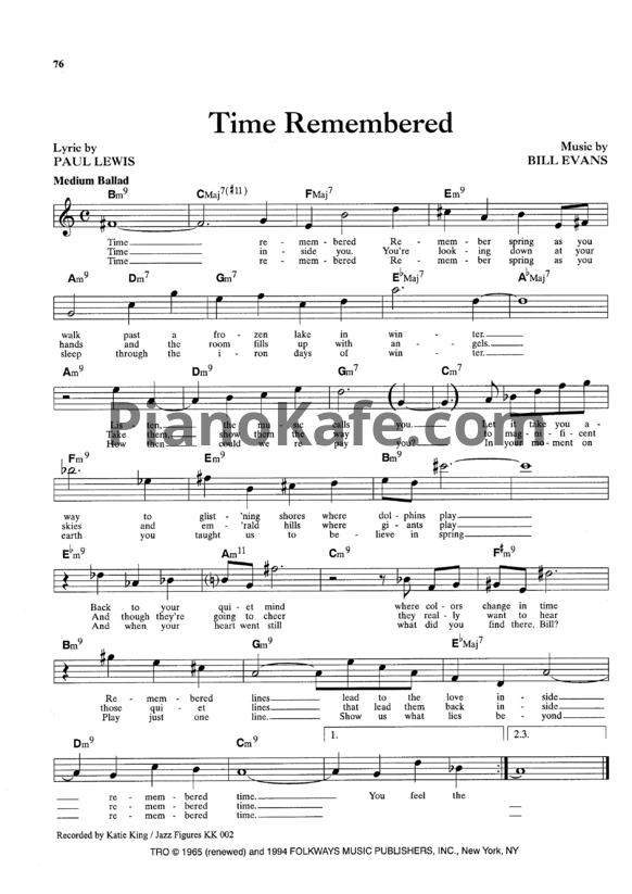 Ноты Bill Evans - Time remembered (Vocal & Guitar) - PianoKafe.com