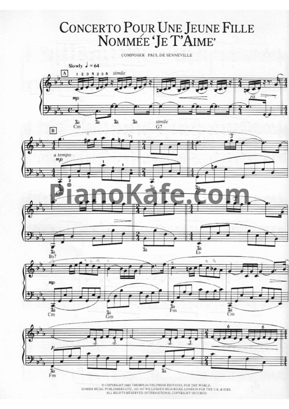 Ноты Paul de Senneville - Concerto pour une jeune fille nommee 'je t'aime - PianoKafe.com