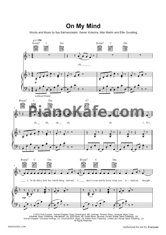 Ноты Ellie Goulding - On my mind - PianoKafe.com