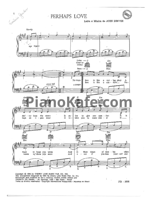 Ноты John Denver - Perhaps love - PianoKafe.com