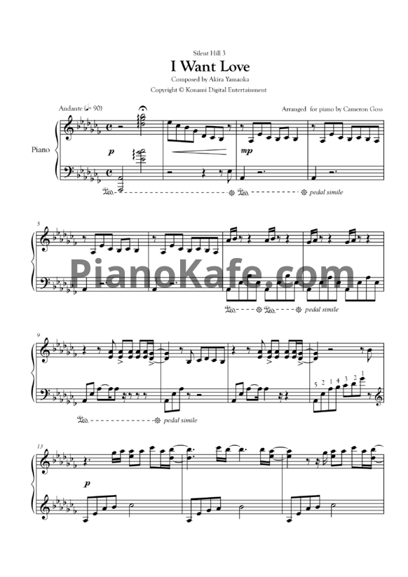 Ноты Akira Yamaoka ft. Melissa Williamson - I want love - PianoKafe.com