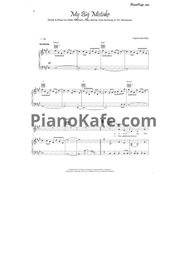 Ноты Delta Goodrem - My big mistake - PianoKafe.com