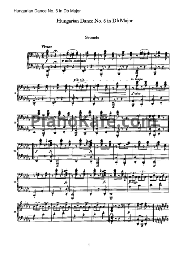 Ноты Иоганнес Брамс - Венгерский танец №6 до бемоль-мажор (для фортепиано в 4 руки) - PianoKafe.com