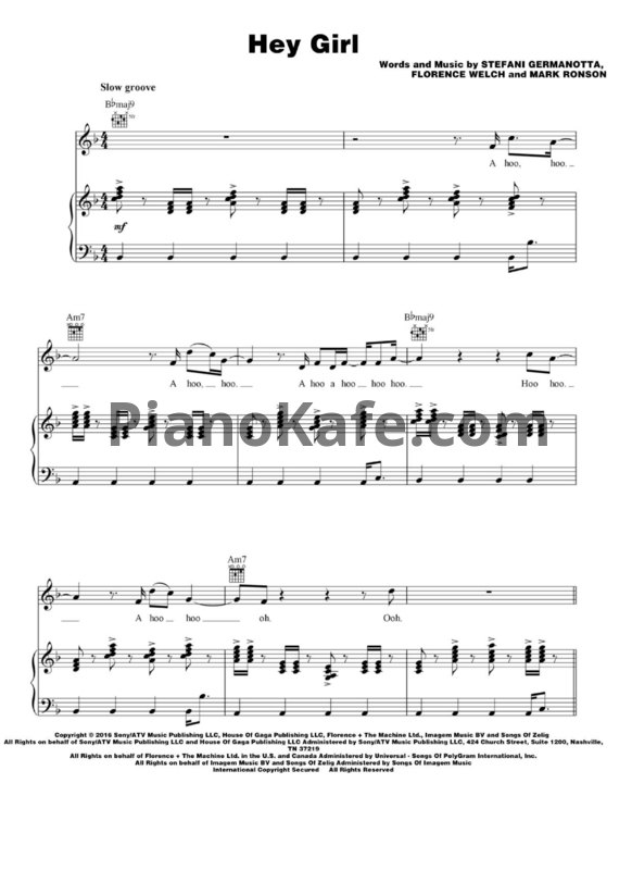 Ноты Lady Gaga feat. Florence Wel - Hey girl - PianoKafe.com