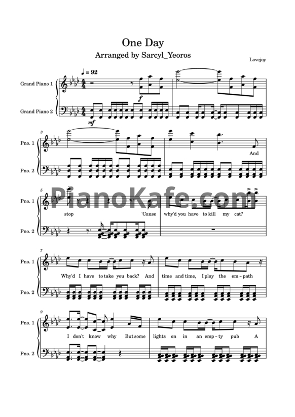 Ноты Lovejoy - One day - PianoKafe.com