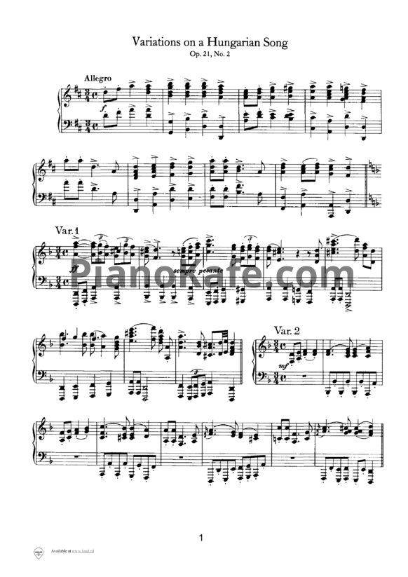 Ноты И. Брамс - Вариации для фортепиано на венгерскую тему (Op. 21 №2) - PianoKafe.com
