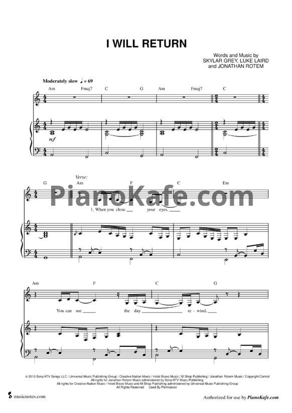 Ноты Skylar Grey - I Will Return - PianoKafe.com