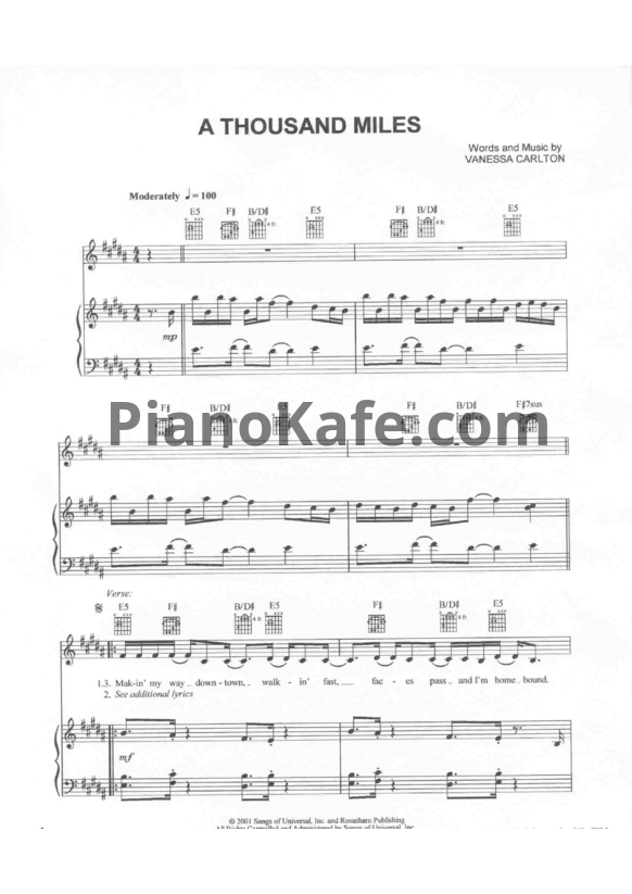 Ноты Vanessa Carlton - A thousand miles (Версия 2) - PianoKafe.com