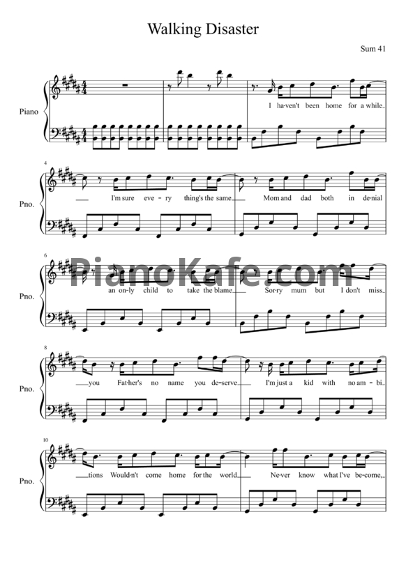 Ноты Sum 41 - Walking disaster - PianoKafe.com
