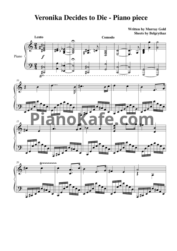 Ноты Murray Gold - Veronika decides to die (Piano piece) - PianoKafe.com