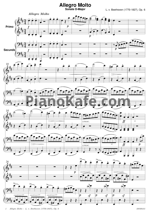Ноты Л. В. Бетховен - Allegro Molto. Sanate D (Op. 6) для фортепиано в 4 руки - PianoKafe.com
