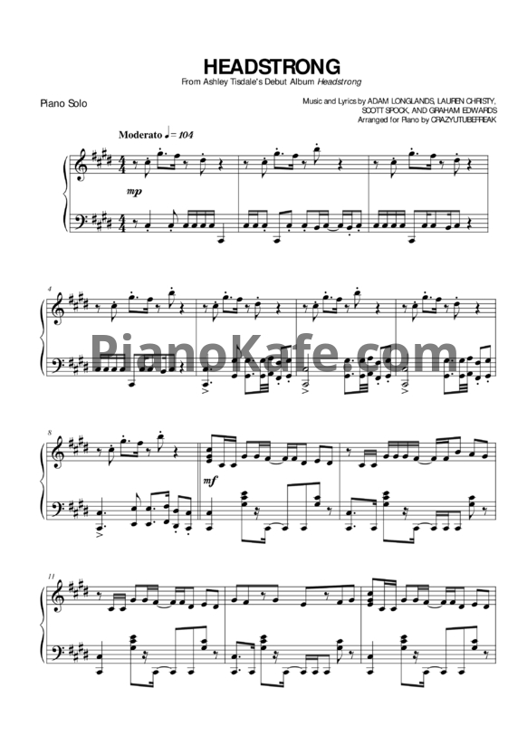 Ноты Ashley Tisdale - Headstrong - PianoKafe.com