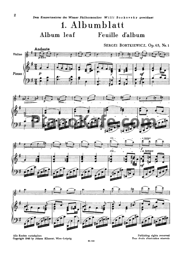 Ноты С. Борткевич - Четыре части для скрипки и фортепиано (Op. 63) - PianoKafe.com