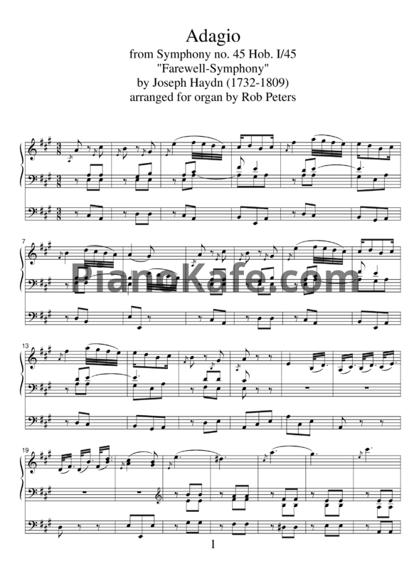 Ноты Йозеф Гайдн - Адажио из Симфонии №45 (Переложение для органа Роба Питерса) - PianoKafe.com