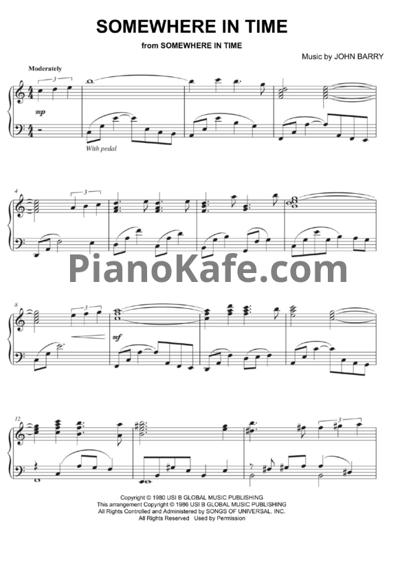 Ноты John Barry - Somewhere in time - PianoKafe.com
