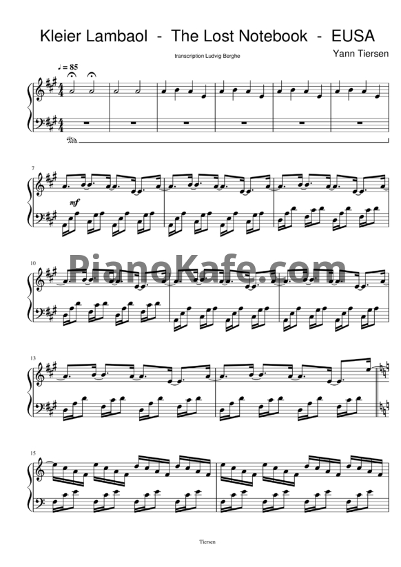 Ноты Yann Tiersen - Kleier lambaol - PianoKafe.com