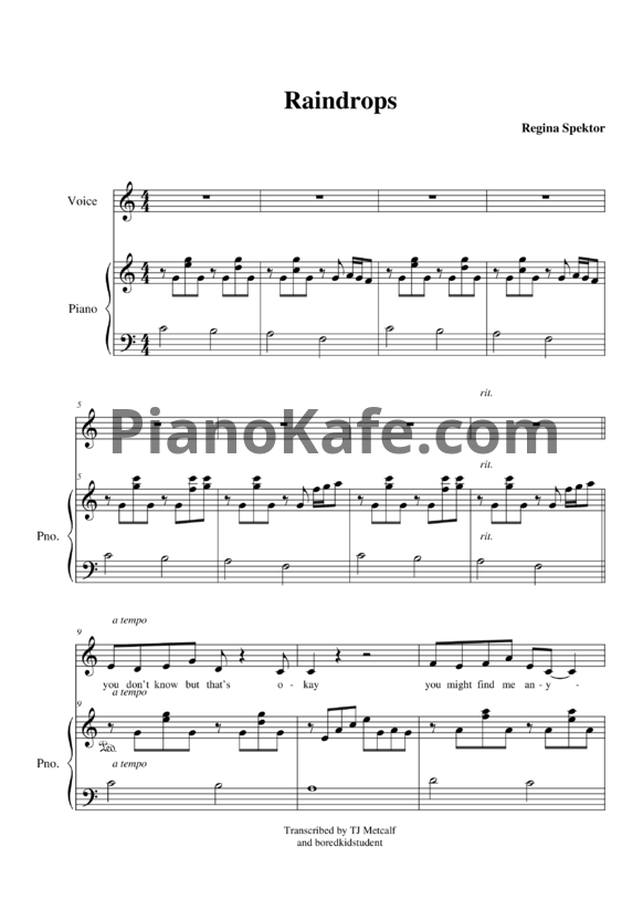 Ноты Regina Spektor - Raindrops - PianoKafe.com