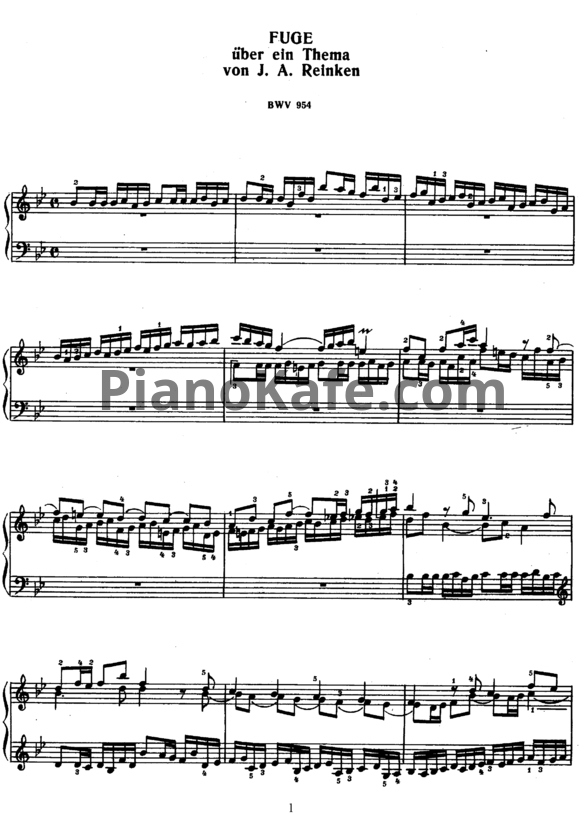 Ноты И. Бах - Фуга си-бемоль мажор на тему Я. А. Рейнкена (BWV 954) - PianoKafe.com