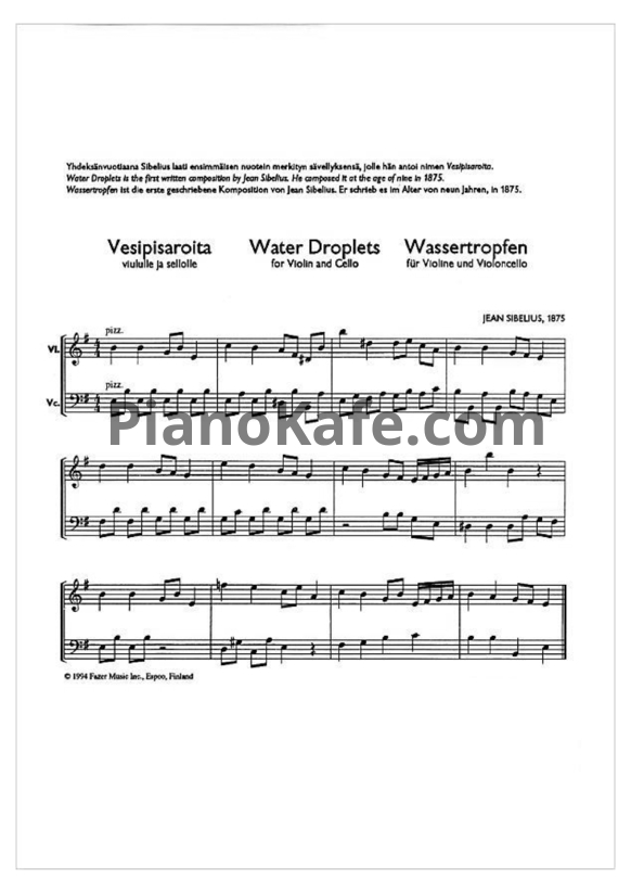 Ноты Ян Сибелиус - Дуэт "Капли воды" для скрипки и виолончели (JS216) - PianoKafe.com