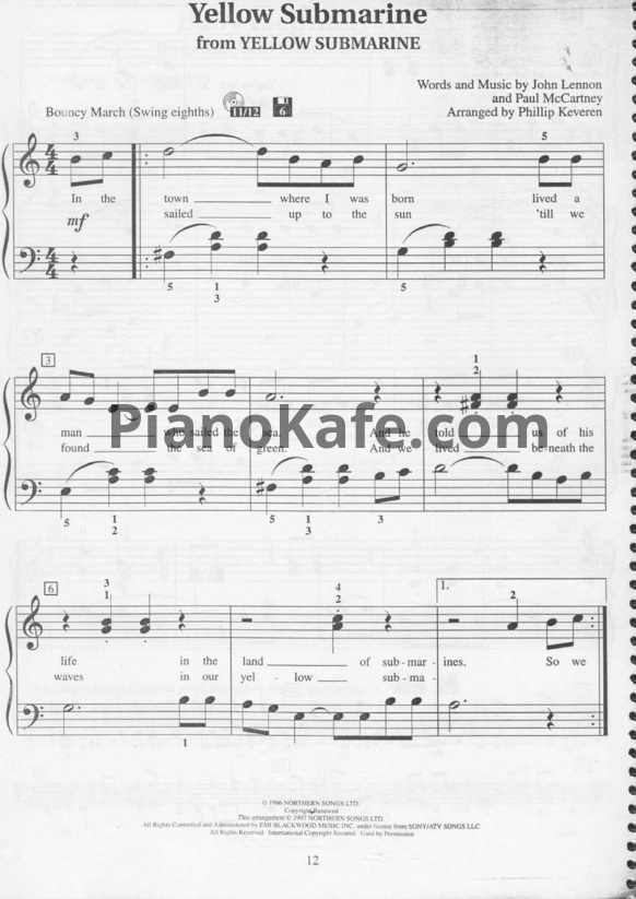 Ноты The Beatles - Yellow submarine (Arranged by Phillip Keveren) - PianoKafe.com