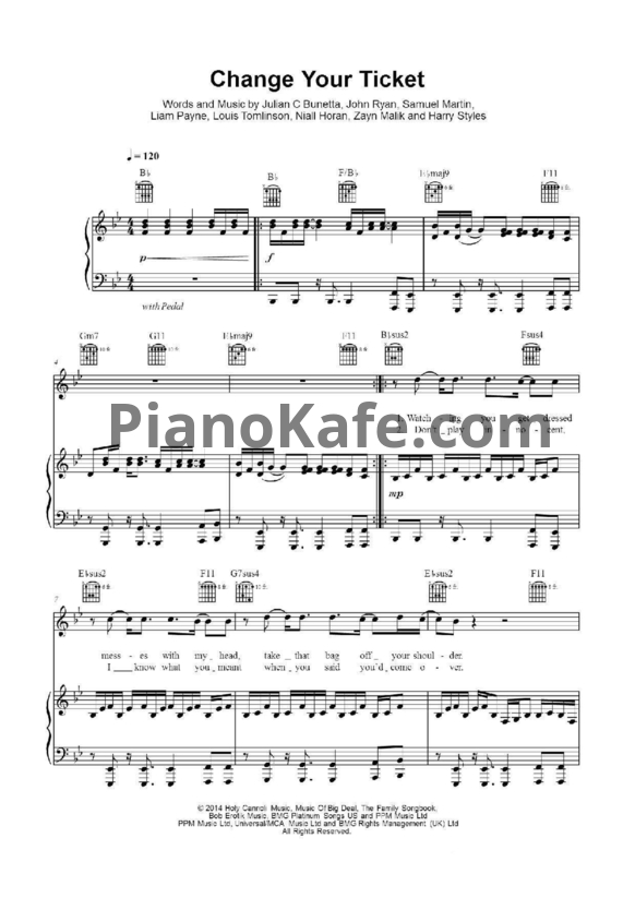 Ноты One Direction - Change your ticket - PianoKafe.com