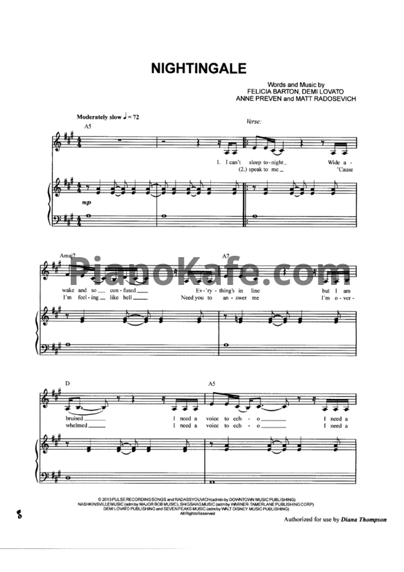 Ноты Demi Lovato - Nightingale - PianoKafe.com