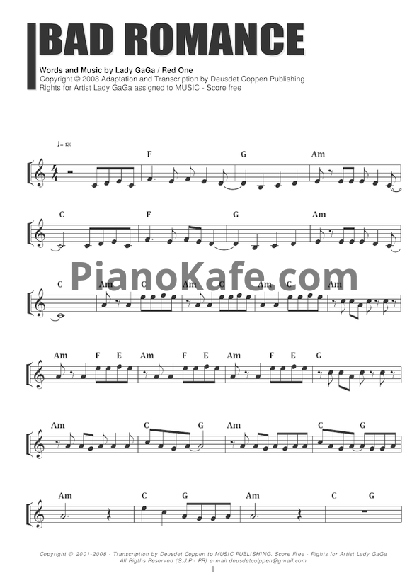 Ноты Lady GaGa - Bad romance (Версия 2) - PianoKafe.com