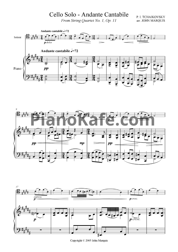 Ноты П. Чайковский - Andante Cantabile для виолончели и струнного оркестра (Клавир) Op. 11, №1 - PianoKafe.com