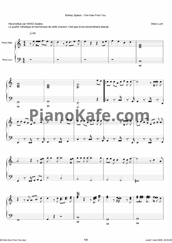 Ноты Britney Spears - One kiss from you - PianoKafe.com