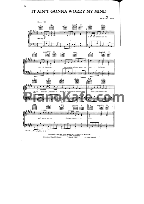 Ноты Ray Charles - It ain't gonna worry my mind (Piano solo) - PianoKafe.com