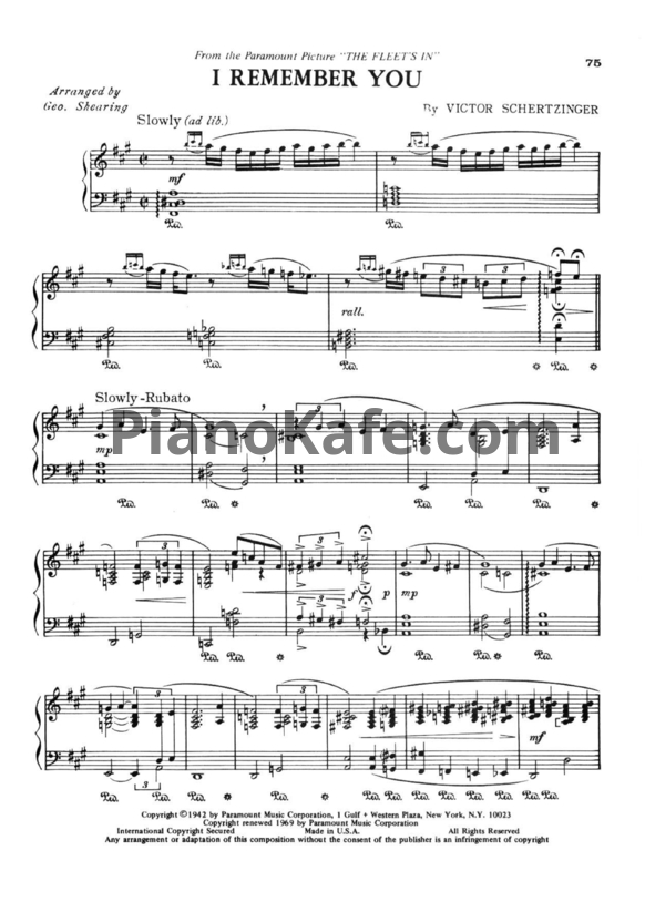 Ноты George Shearing - I remember you - PianoKafe.com