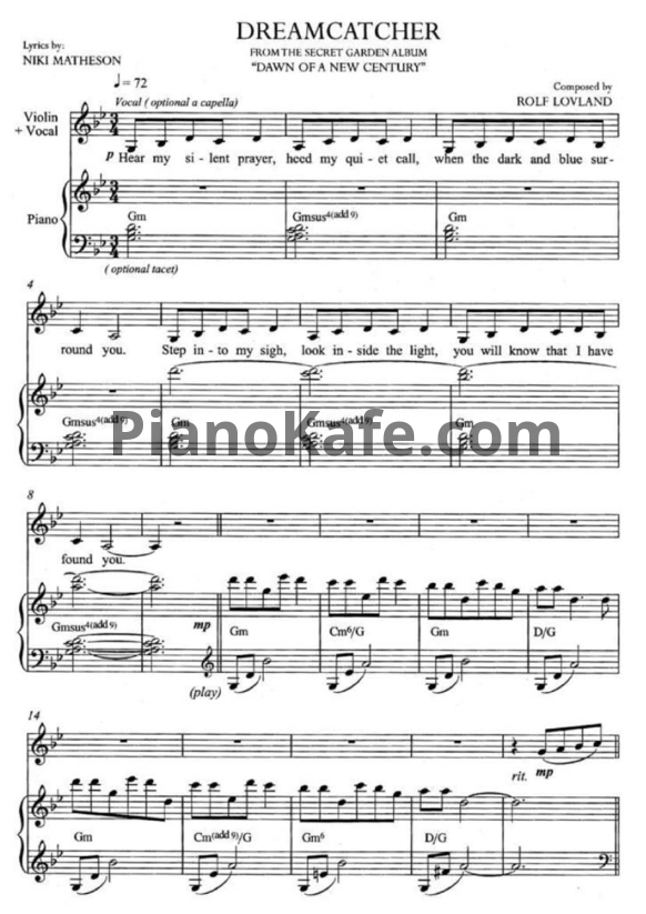 Ноты Secret Garden - Dreamcatcher (для пианино и скрипки) - PianoKafe.com
