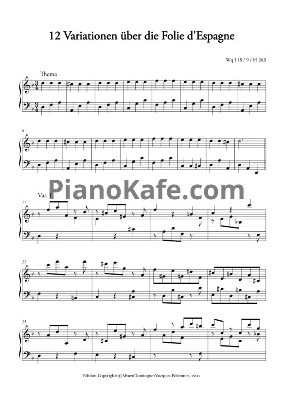 Ноты Филипп Э. Бах - 12 вариаций для клавира на тему испанской "Фолии" - PianoKafe.com