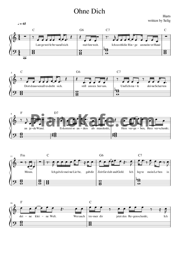 Ноты Hurts - Ohne dich (Piano cover) - PianoKafe.com