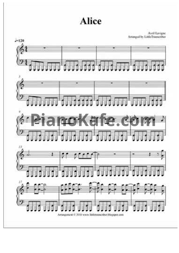 Ноты Avril Lavigne - Alice (Версия 3) - PianoKafe.com