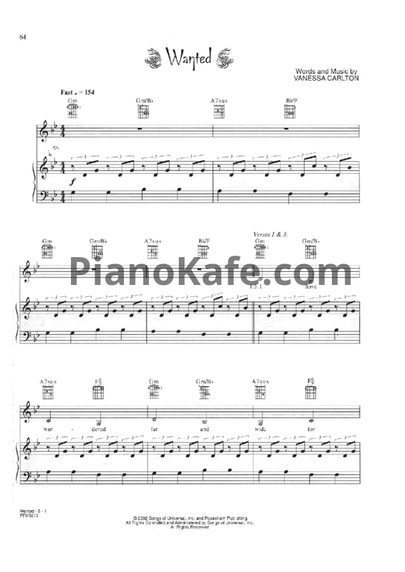 Ноты Vanessa Carlton - Wanted - PianoKafe.com