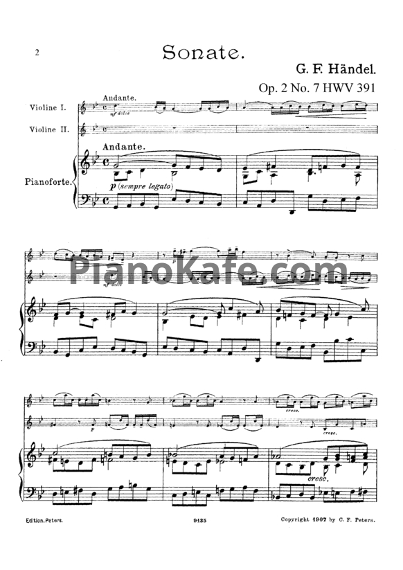 Ноты Георг Гендель - Соната (Op. 2, №6, HWV 391) - PianoKafe.com