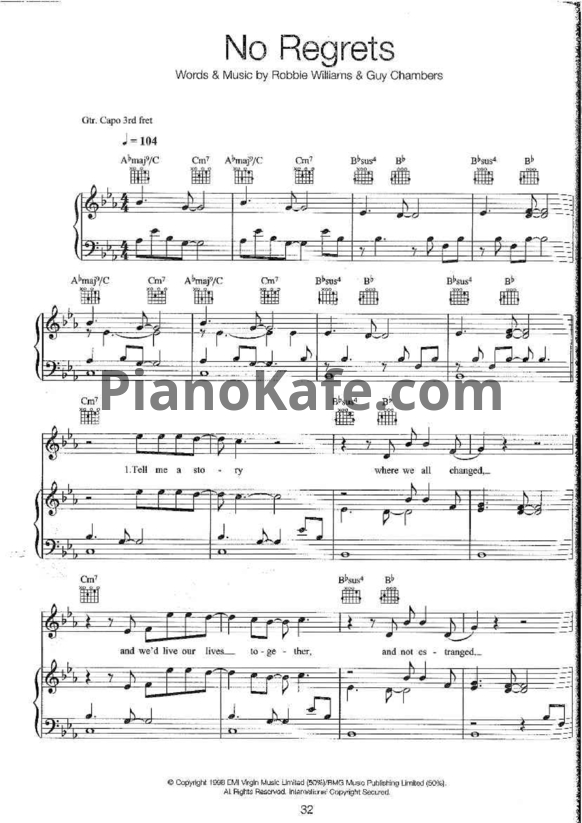 Ноты Robbie Williams - No regrets - PianoKafe.com