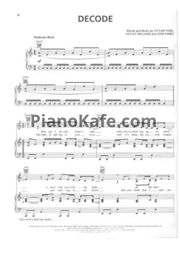 Ноты Paramore - Decode (Версия 3) - PianoKafe.com