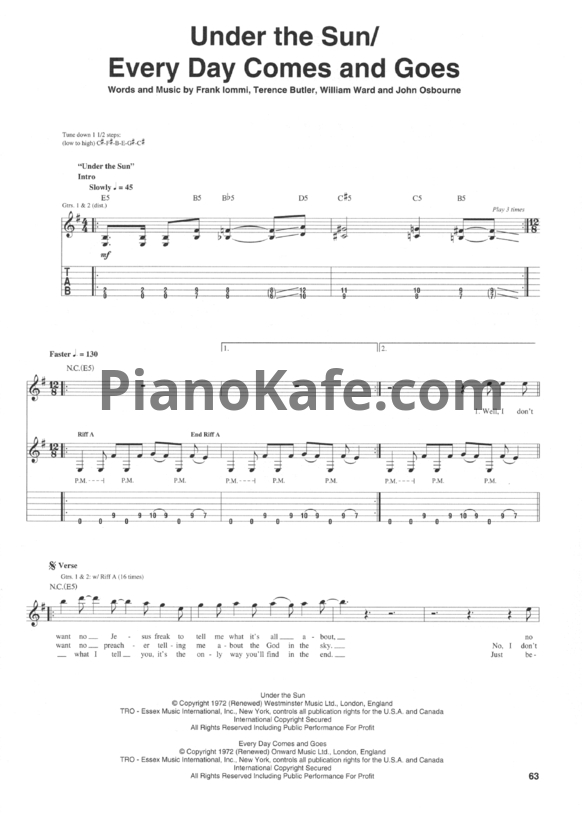 Ноты Black Sabbath - Under the sun / Every day comes and goes (Guitar tabs & Voice) - PianoKafe.com