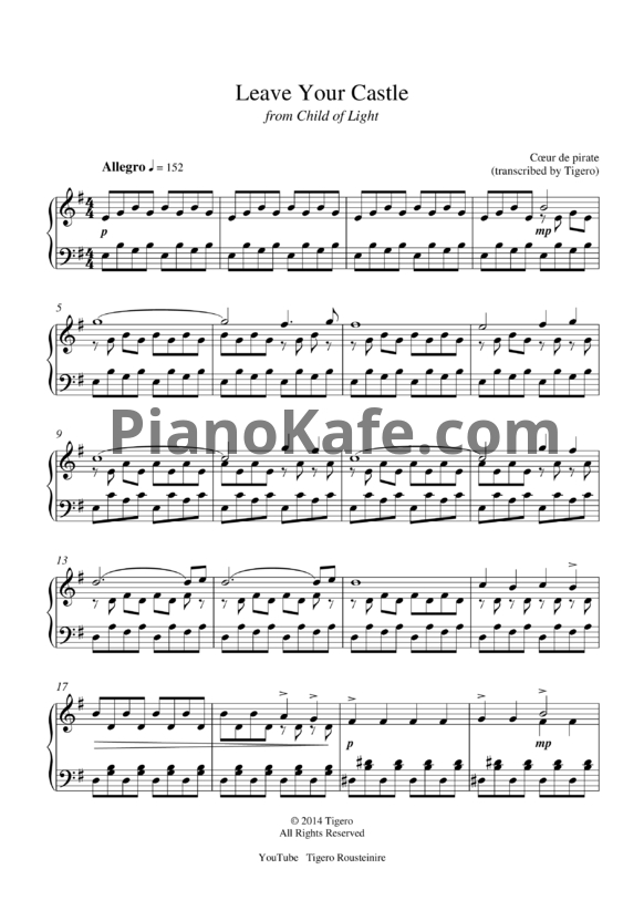 Ноты Cœur de pirate - Leave your castle - PianoKafe.com