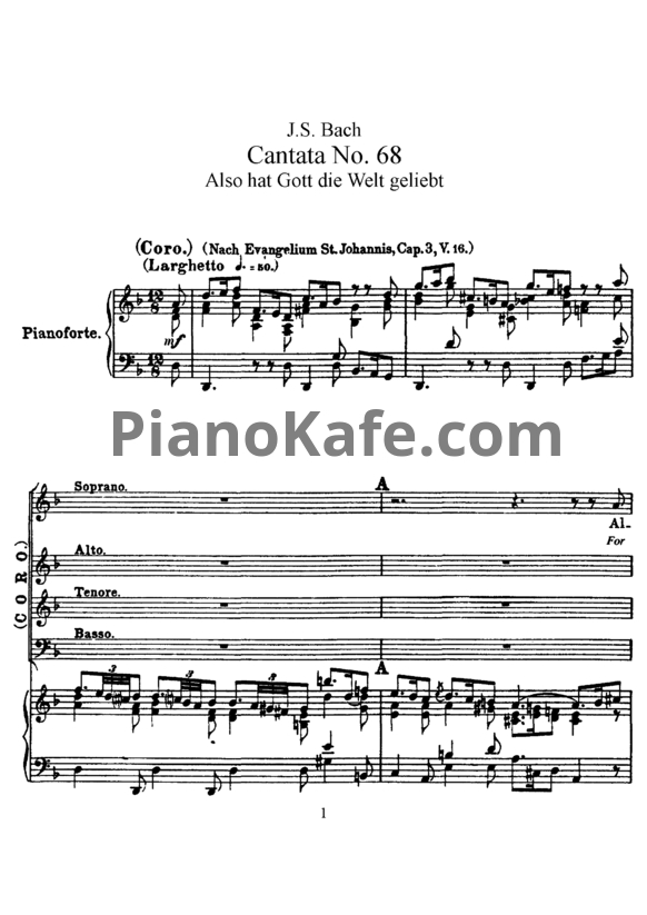 Ноты И. Бах - Кантата №68 "Also hat gott die welt geliebt" (BWV 68) - PianoKafe.com
