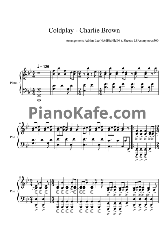 Ноты Coldplay - Charlie Brown (Adrian Lee version) - PianoKafe.com