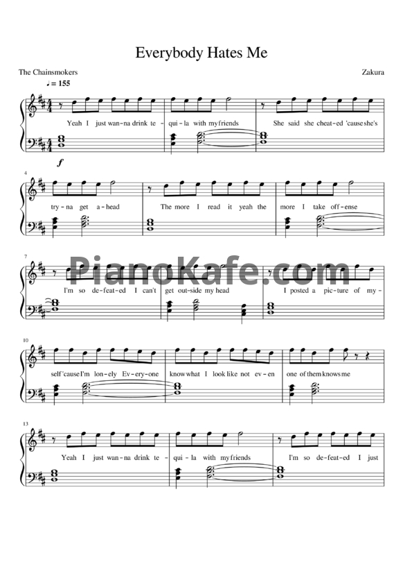 Ноты The Chainsmokers - Everybody hates me - PianoKafe.com