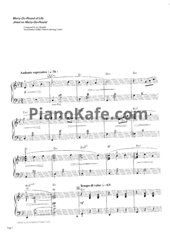 Ноты Joe Hisaishi - Merry-go round - PianoKafe.com