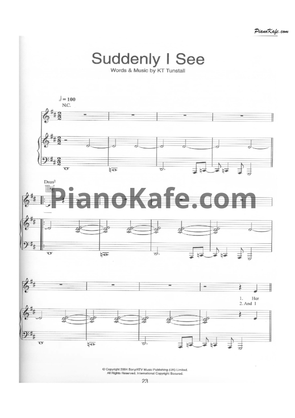 Ноты KT Tunstall - Suddenly I see - PianoKafe.com