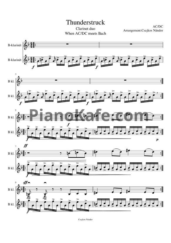 Ноты AC/DC - Thunderstruck (кларнет) - PianoKafe.com