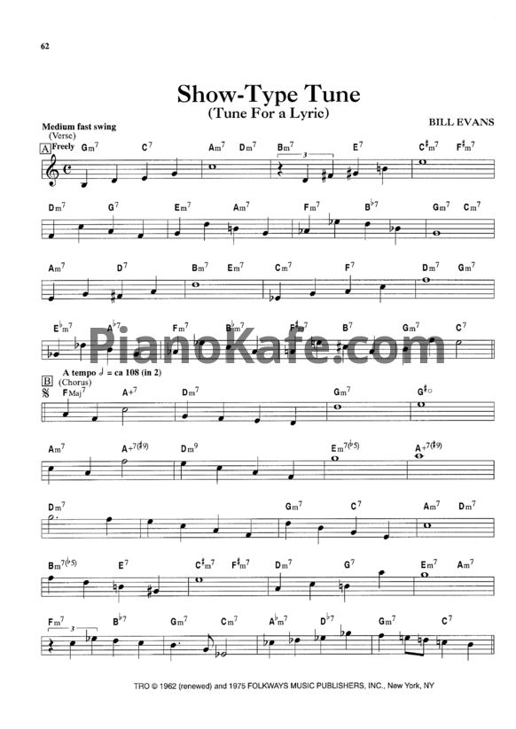 Ноты Bill Evans - Show-type tune (Tune for a lyric) - PianoKafe.com