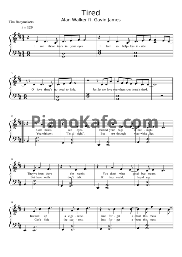 Ноты Alan Walker feat. Gavin James - Tired - PianoKafe.com
