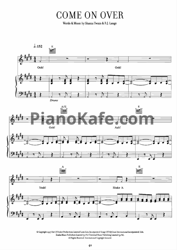 Ноты Shania Twain - Come on over - PianoKafe.com
